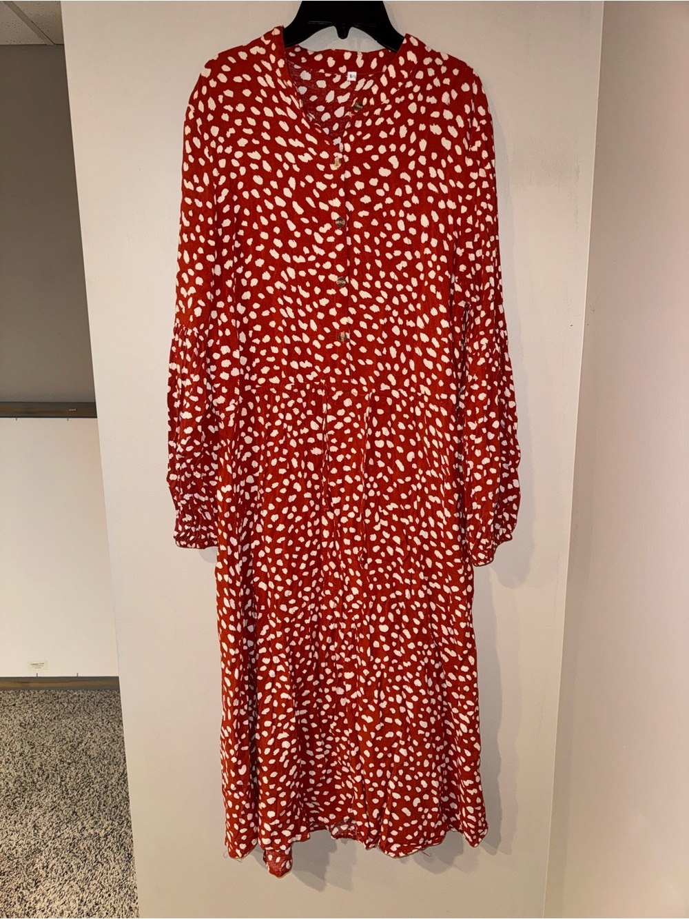 Orange White Polka Dot V-Neck Button Front Midi Dress Long Sleeve Women’s L